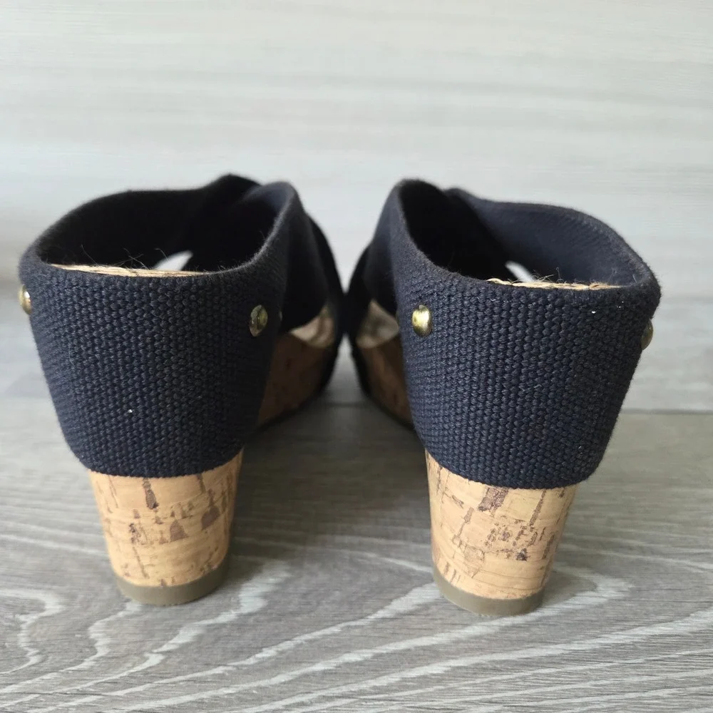 Esprit Womens 7 Black Canvas Studded Cork Wedge Platform Sandals Y2K Boho Slides